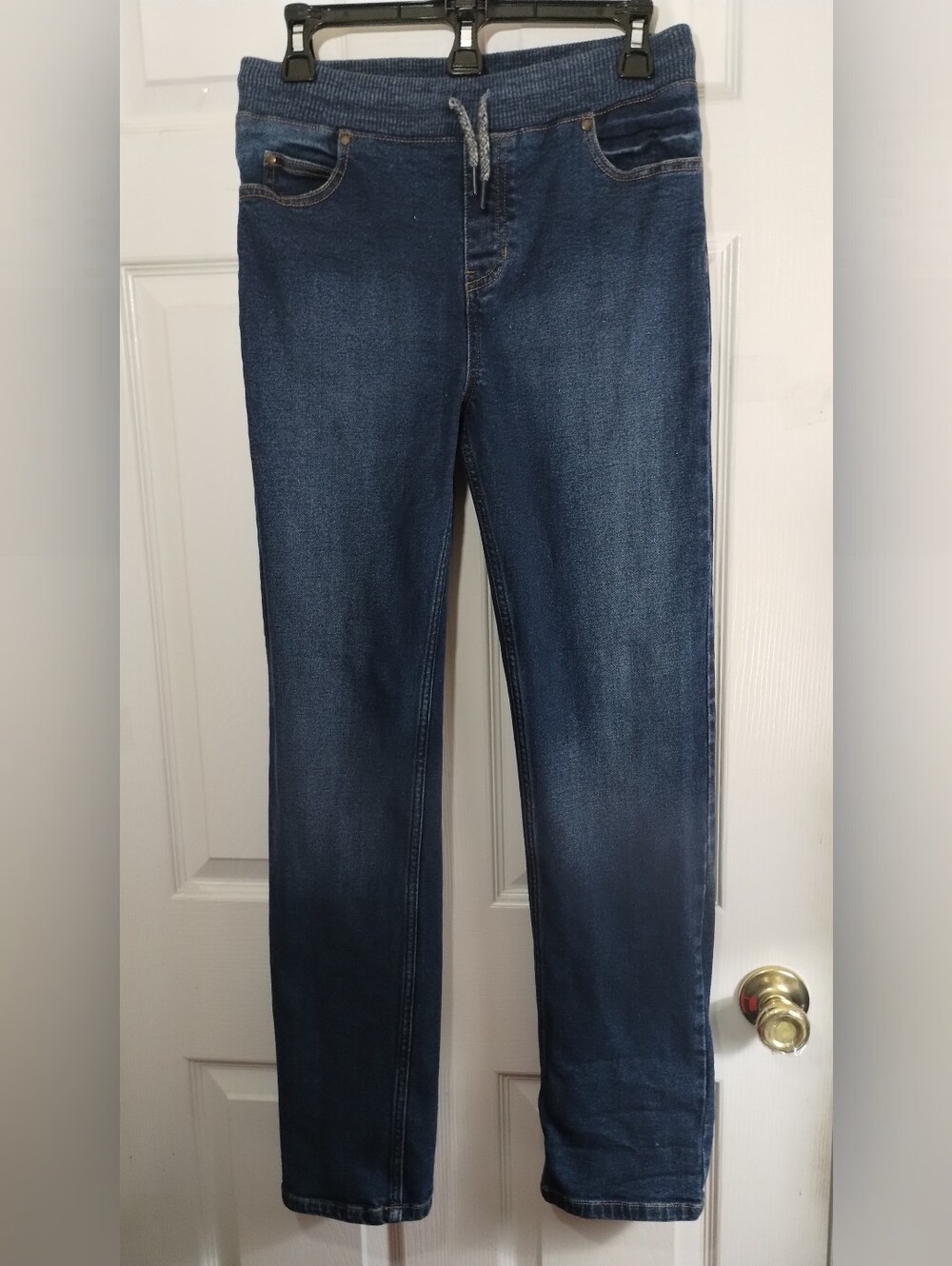 Lands' End Youth Pull-on Dark Blue Straight Leg Jeans With Drawstring Waist